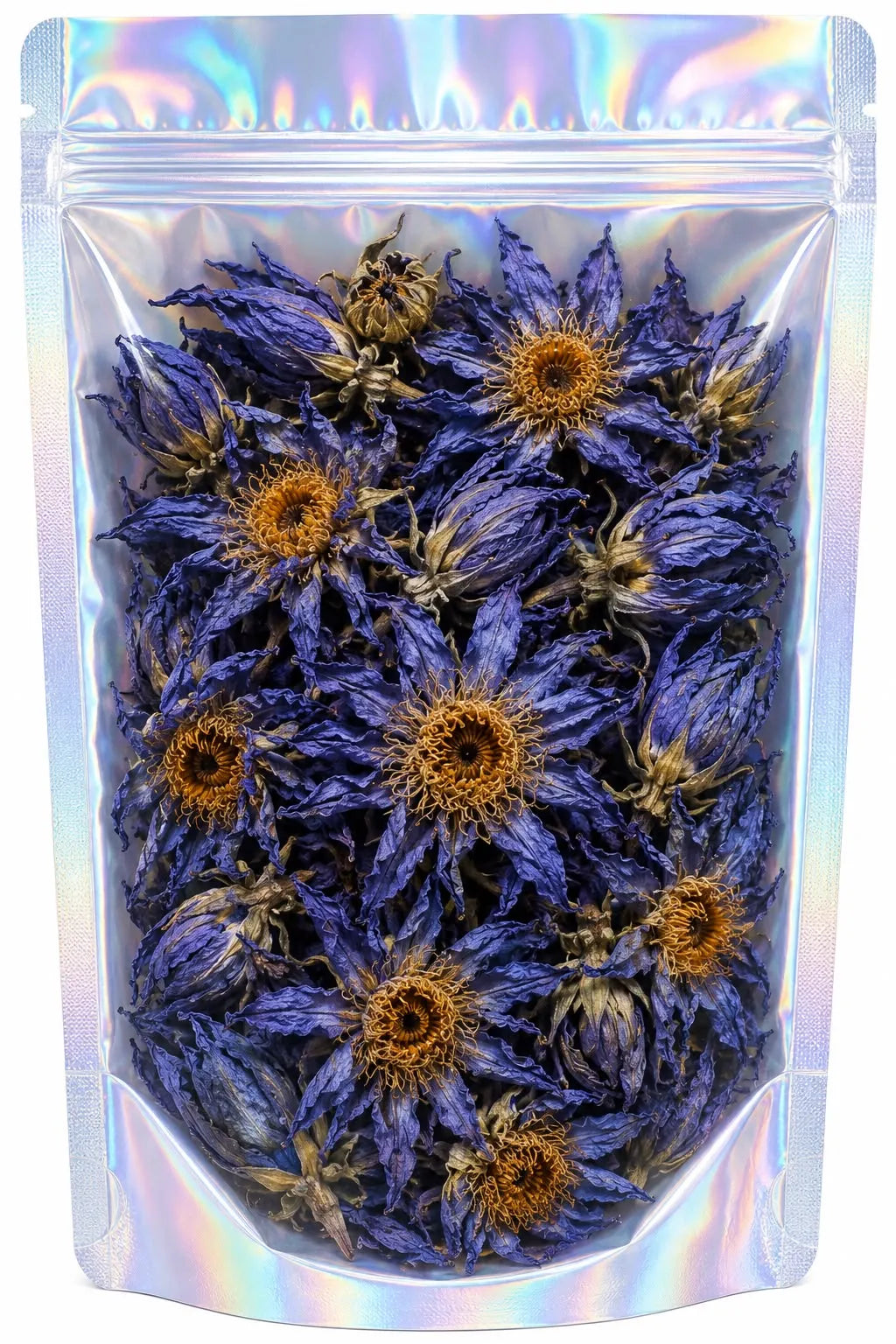 A clear, resealable stand-up pouch with an iridescent holographic finish, filled with dried blue-lotus flowers with orange-brown centers, is shown against a plain white background.