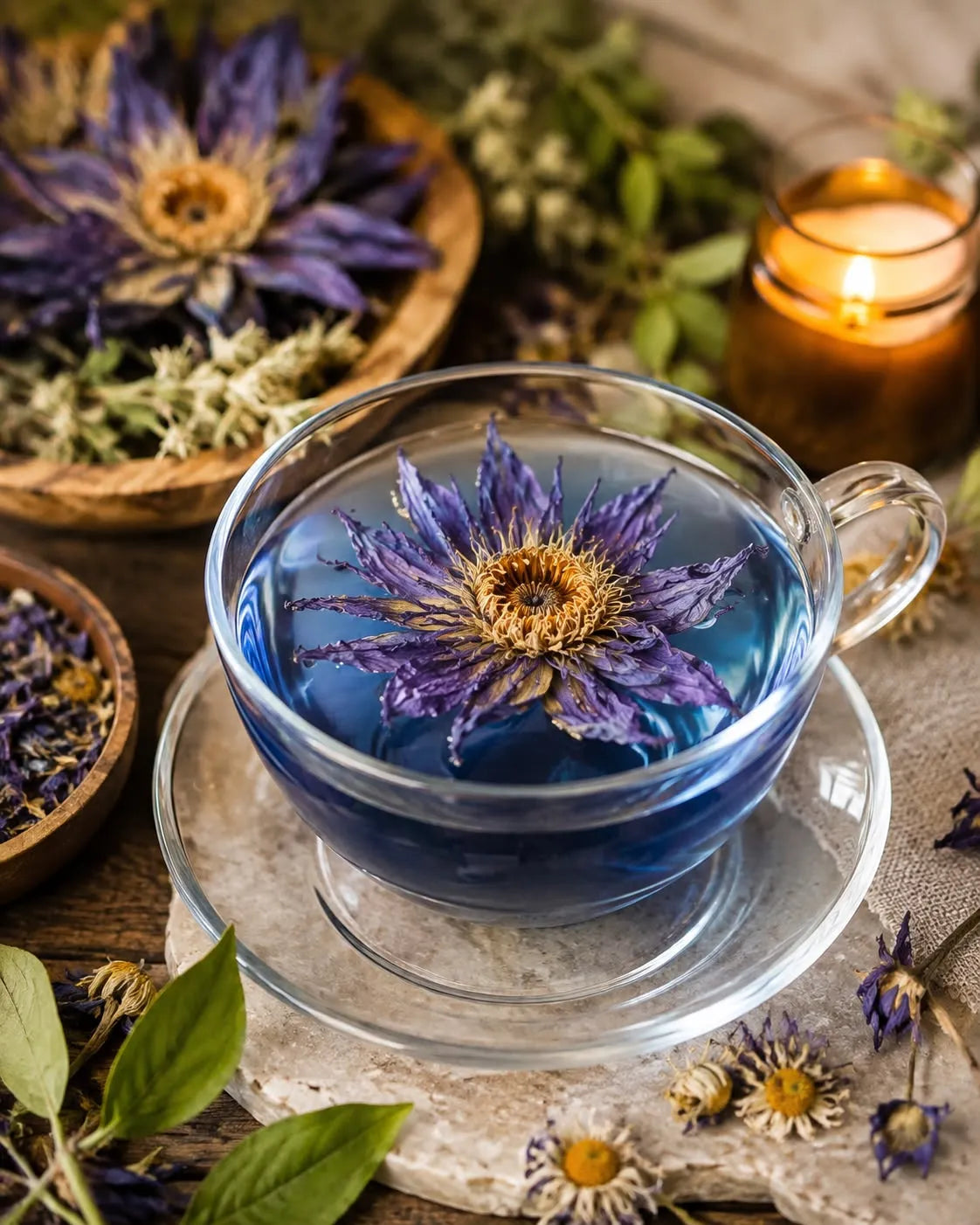 A clear glass teacup and saucer filled with blue lotus herbal tea, styled on a rustic wooden surface with dried flowers, green leaves, and a lit candle in the background.