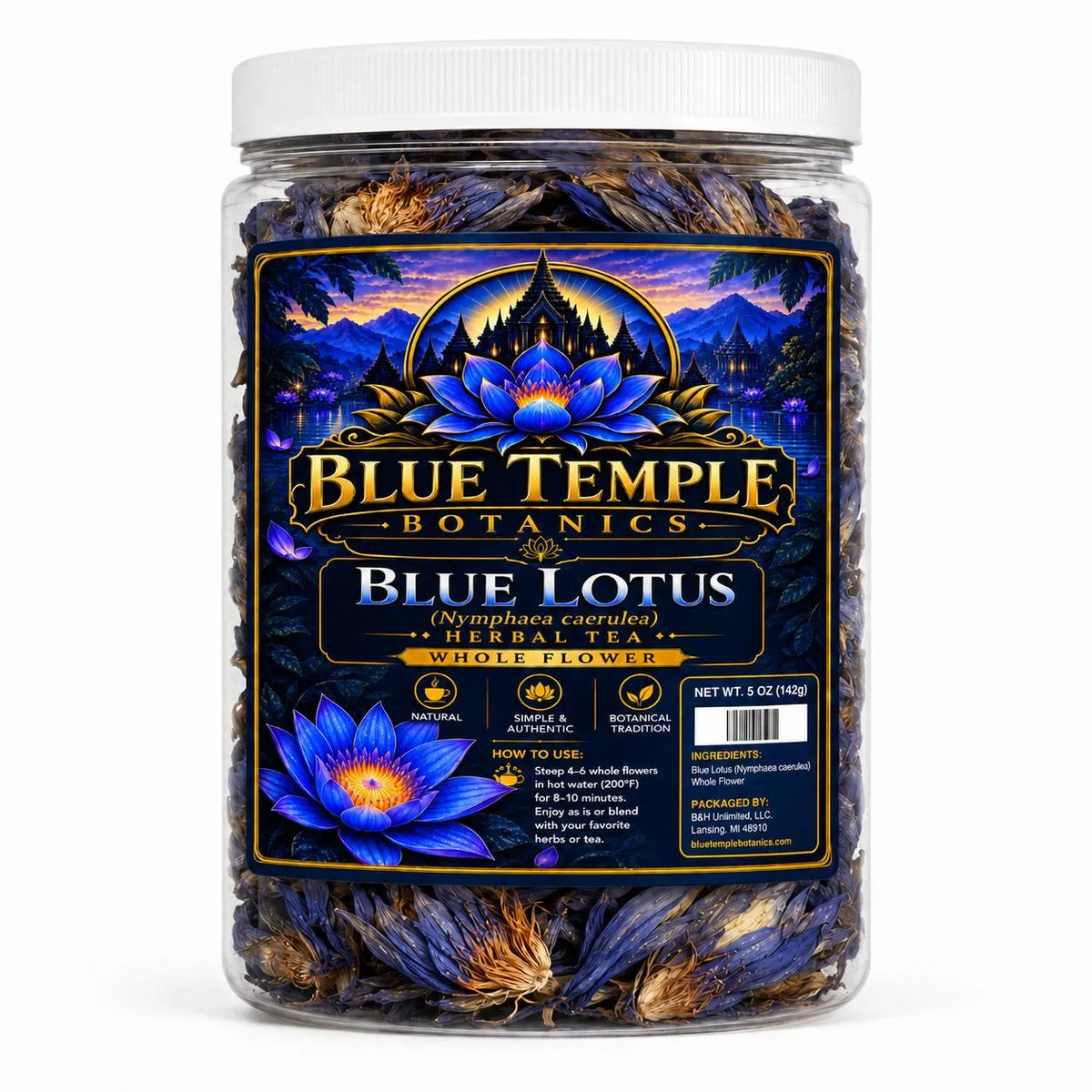 A jar of Blue Temple Botanics Blue Lotus herbal tea on a plain white background. The clear glass jar shows the dried blue and purple flowers inside, topped with a white lid and featuring a detailed blue and gold label.