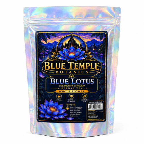 Blue Temple Botanics Blue Lotus Herbal Tea in a holographic stand-up pouch with a detailed front label showing blue lotus flowers and a temple illustration.