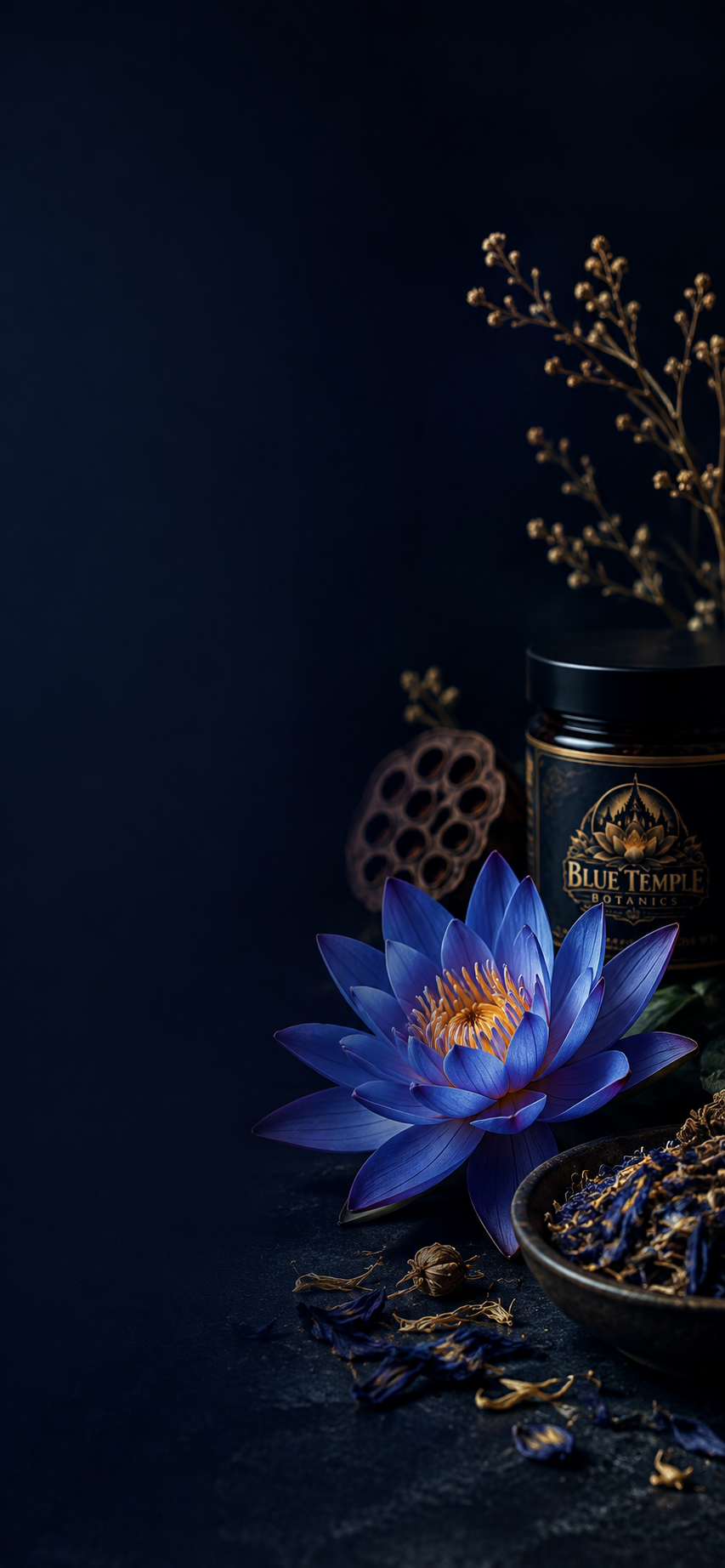 A dark, moody product shot featuring a black jar labeled 'BOUL TRAMPE' next to a vibrant blue lotus flower, dried botanical elements, and loose buds on a dark textured surface.