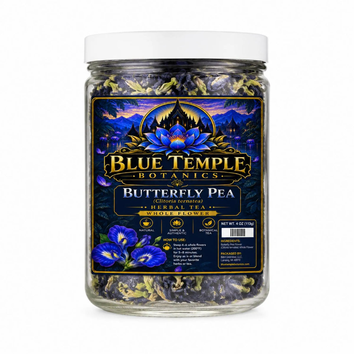 A jar of Blue Temple Botanics Butterfly Pea herbal tea on a plain white background. The clear glass jar shows the dried blue and purple flowers inside, topped with a white lid and featuring a detailed blue and gold label.