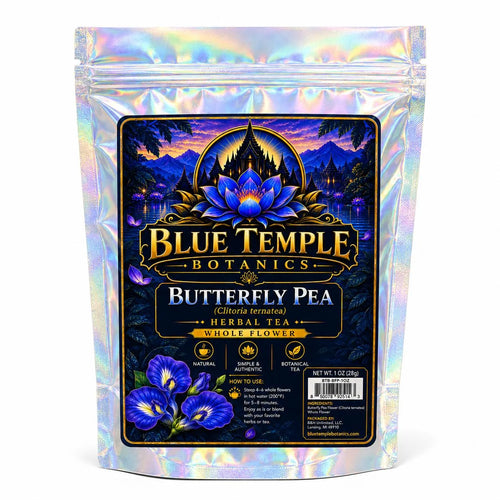 A stand-up pouch of Blue Temple Botany's Butterfly Pea Herbal Tea with an iridescent holographic finish. The front label features a dark blue and black background with a golden temple, a blue lotus flower, and purple butterfly pea flowers.