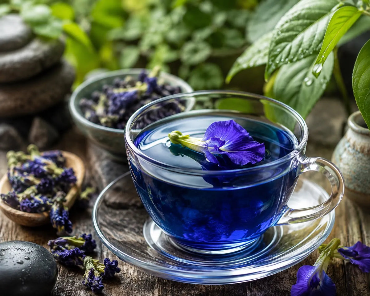 A clear glass teacup filled with deep blue herbal tea sits on a matching saucer, with a purple butterfly pea flower floating in the liquid. The cup is styled on a rustic wooden surface with dried butterfly pea flowers, green leaves, and smooth stones in the background.