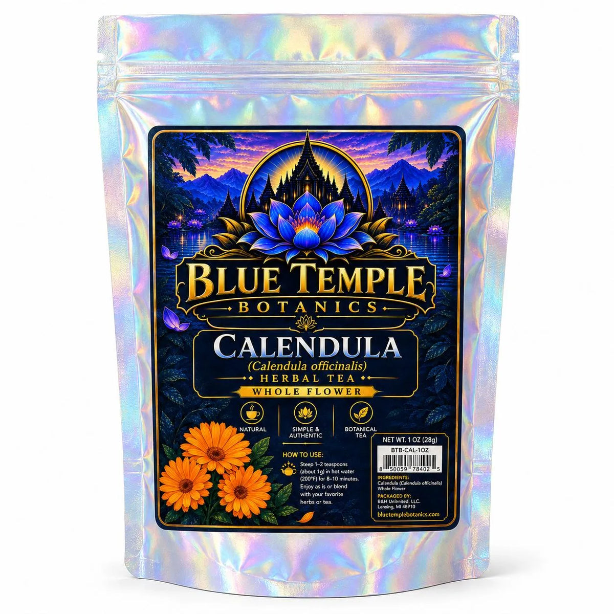 A stand-up pouch of Blue Temple Botanics Calendula herbal tea, featuring an iridescent holographic finish with a large front label showing a blue lotus, orange calendula flowers, and a dark illustrated background.
