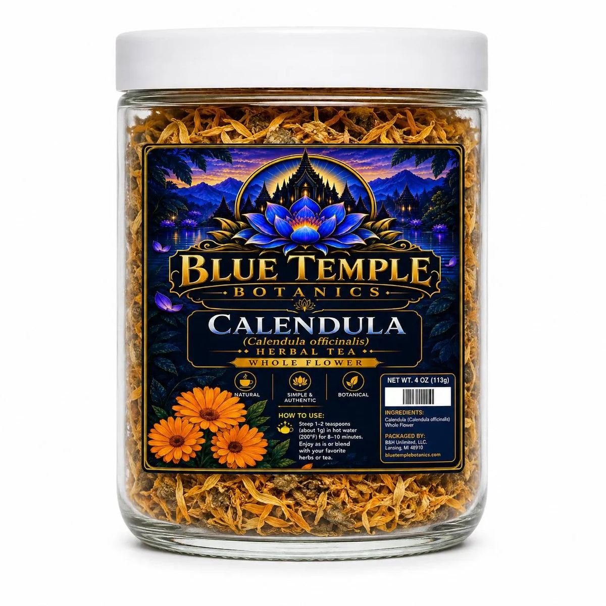 A clear plastic jar filled with dried calendula flowers, featuring a white lid and a prominent blue and gold label for Blue Temple Botanics Calendula Whole Flower.