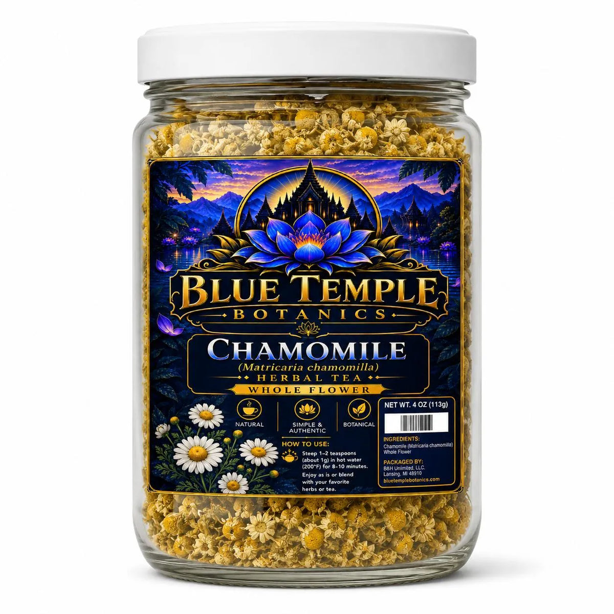 A 4 oz glass jar of Blue Temple Botanics Chamomile Whole Flower herbal tea, featuring a white lid and a dark blue label with a castle and lotus design, filled with chamomile flowers.