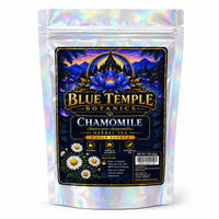 Blue Temple Botanics Chamomile Herbal Tea in a holographic silver resealable pouch with a large black, gold, and blue front label.