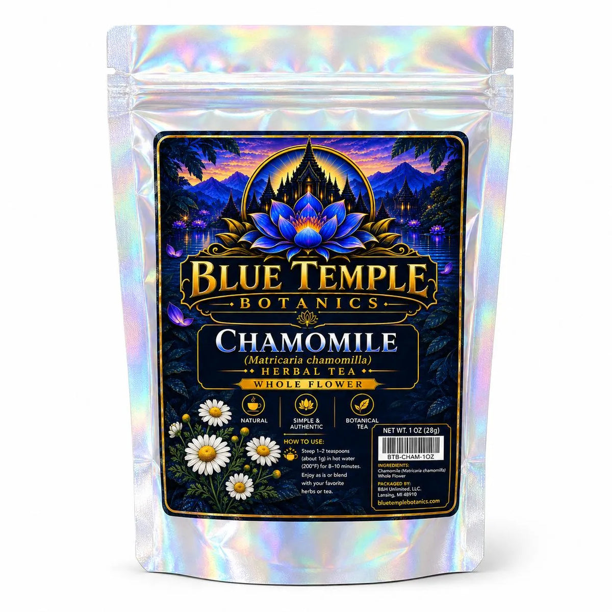 Blue Temple Botanics Chamomile Herbal Tea in a holographic silver resealable pouch with a large black, gold, and blue front label.