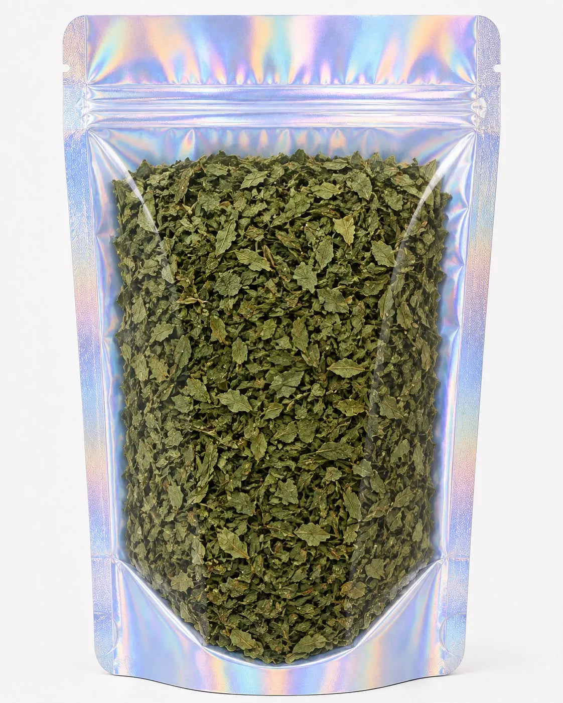 A clear, resealable stand-up pouch filled with dried green lemon balm leaves