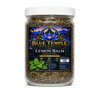 A 4 oz glass jar of Blue Temple Botanics Lemon Balm herbal tea with a white lid and a colorful label, set against a plain white background.