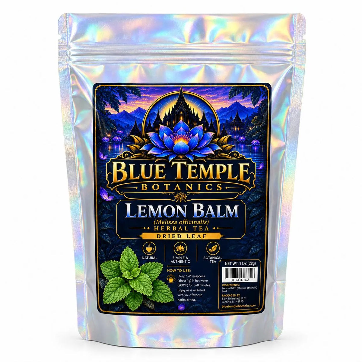 A stand-up holographic pouch of Blue Temple Botanics Lemon Balm herbal tea, featuring a large front label with a blue lotus, mountains, and mint leaves on a white background.