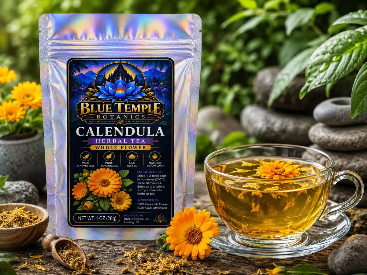 Blue Temple Botanics Calendula Herbal Tea pouch shown next to a glass cup of brewed tea with a calendula flower, surrounded by loose tea, flowers, and green foliage.