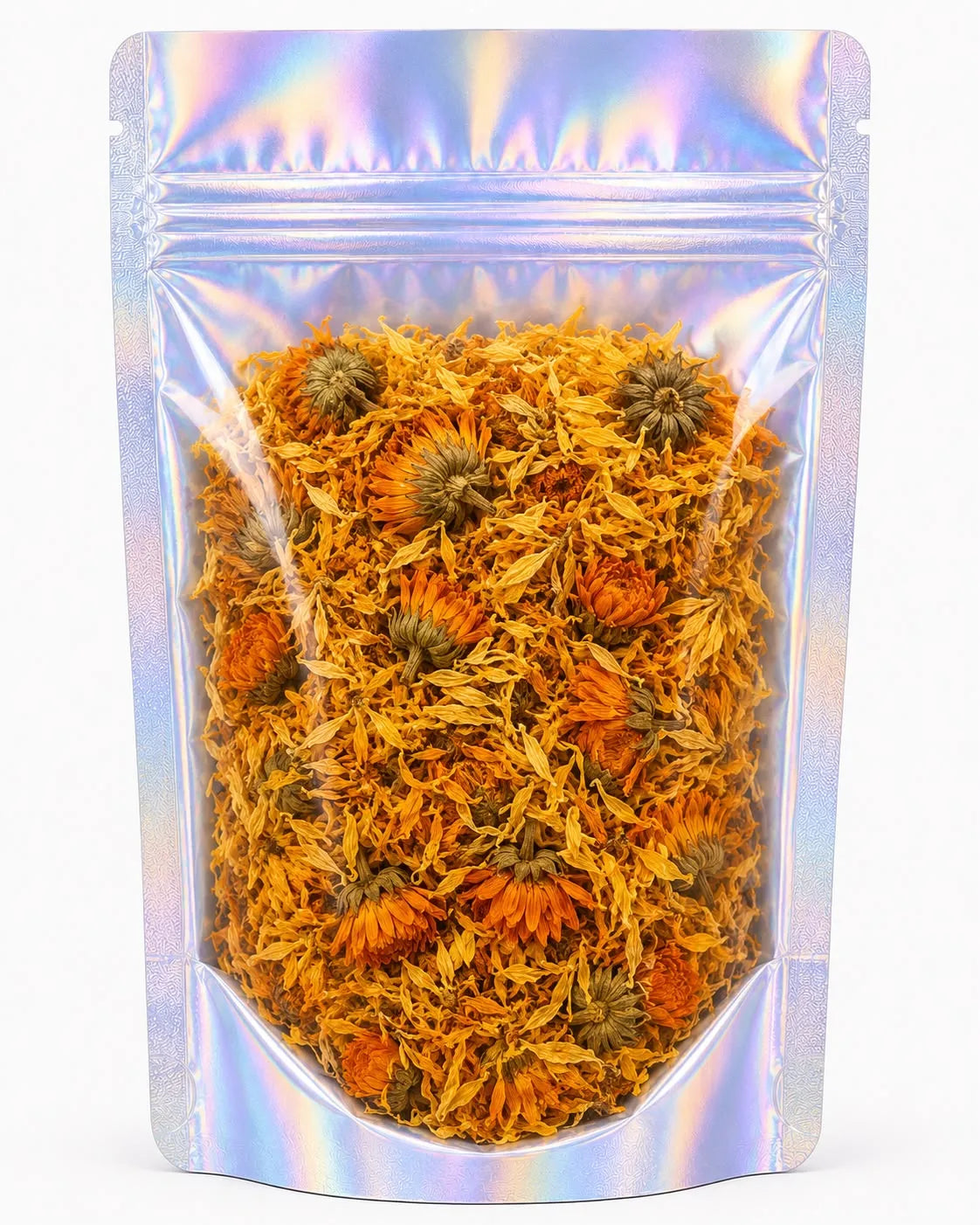 A clear resealable stand-up pouch with an iridescent holographic finish, filled with dried orange calendula flowers, shown on a plain white background.