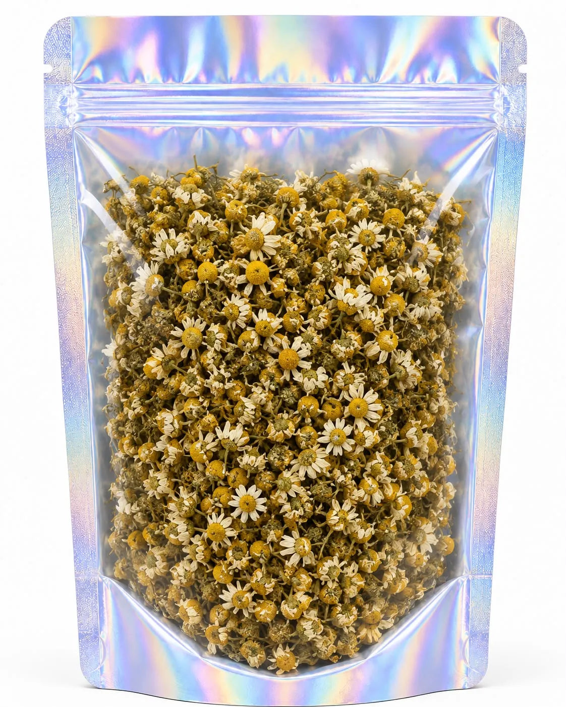 A clear, resealable stand-up pouch with an iridescent holographic finish, filled with dried small white and yellow flowers, shown on a plain white background.
