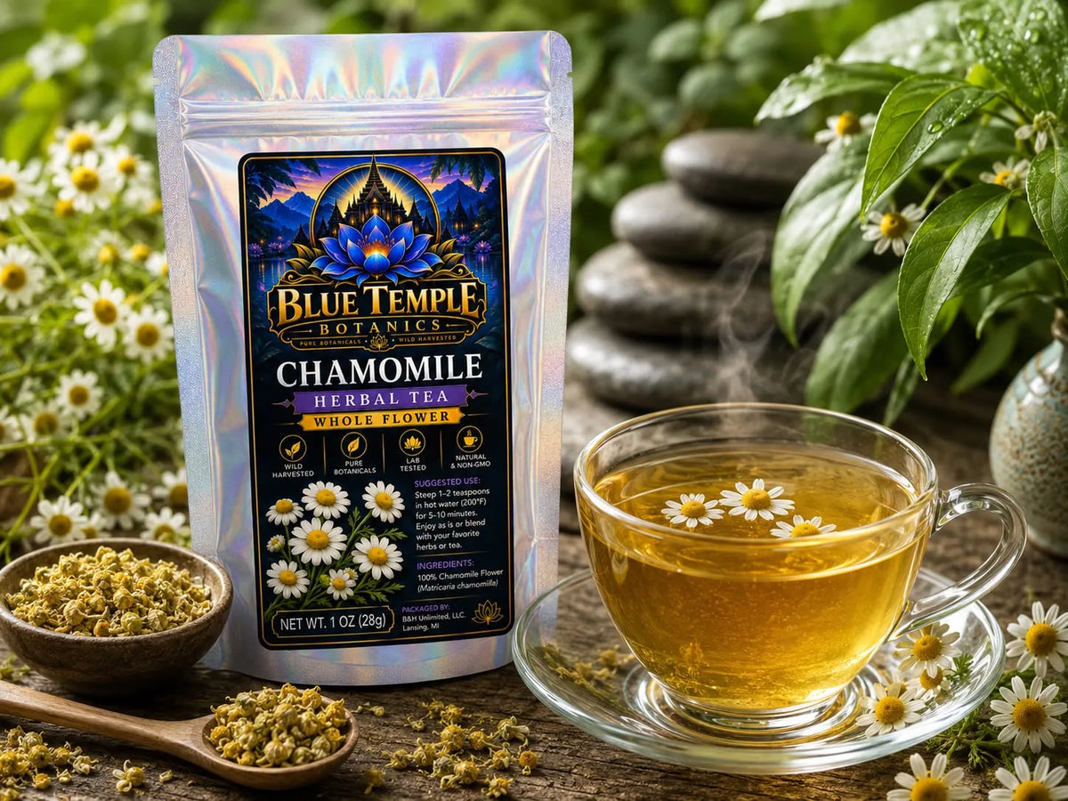 Blue Temple Botanicals Chamomile Herbal Tea pouch shown next to a glass cup of brewed chamomile tea with chamomile flowers floating on the surface, surrounded by loose chamomile seeds, a wooden spoon, and fresh chamomile flowers in a garden setting.